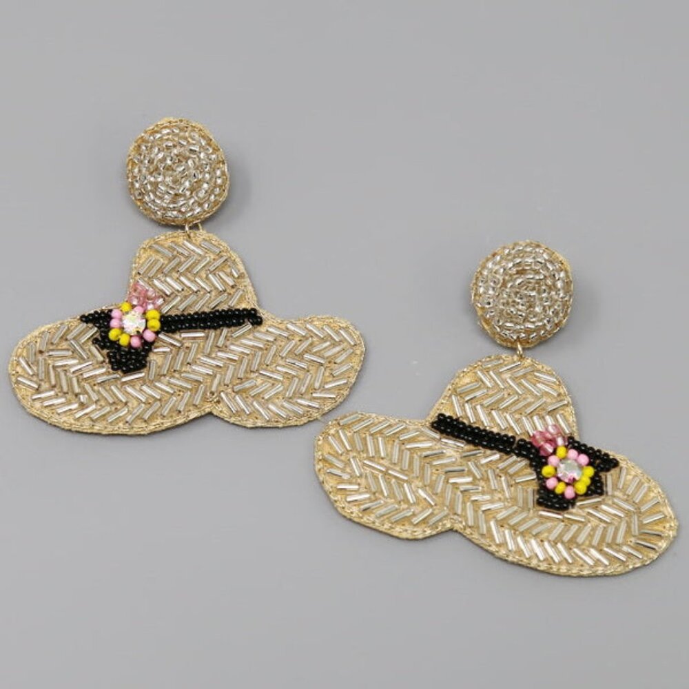 Boho Floral Flower Hat Seed Beaded Earrings - Picture 1 of 1